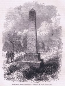 Monumento sobre o túmulo de Bradford em New Plymouth 1641, ilustração de Cassell