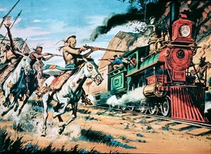 Guerreiros nativos americanos atacam o "cavalo de ferro" invasor (óleo sobre tela) de American School