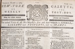 Manchete do New York Gazette declarando sua oposição aos selos, impressa em 7 de novembro de 1765 (impressão) de American School