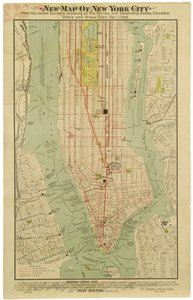 Novo mapa da cidade de Nova Iorque a partir das últimas pesquisas mostrando todos os ferries e as docas dos navios a vapor, os metrôs elevados, elétricos [sic] e cruzando as linhas de carros da cidade. de American School
