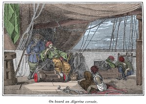 A bordo de um navio de piratas argelinos Ilustração de "The Pirates Own Book, autênticas narrativas dos mais célebres assaltantes do mar" de Charles Ellms, Boston 1837 de American School
