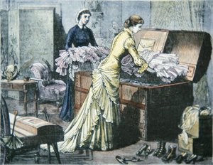 Embalagem Saratoga Trunk para viagem de trem para Saratoga Springs, Nova York, c.1880 (gravura colorida) de American School