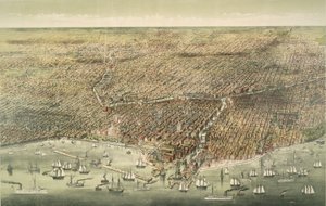 Vista panorâmica da cidade de Chicago, pub. 1892 (litografia a cores) de American School