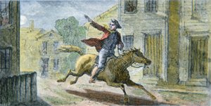 O famoso passeio de Paul Revere na noite de 18 de Abril de 1775 (cor litho) de American School