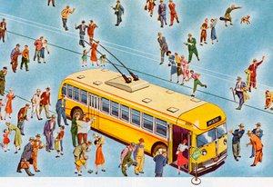 Pedestres entrando em um ônibus urbano de American School