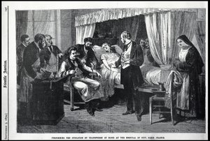 Realizando a Operação da Transfusão de Sangue no Hospital de Piedade, Paris, França, ilustração do cientista americano de American School