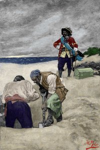O capitão pirata William Kidd (1645-1701) enterra o seu tesouro na Ilha Gardiner: «Livro dos piratas, bucaneiros e marooners do Mar Espanhol», de Howard Pyle (1853-1911), ilustrador americano. 1887. de American School