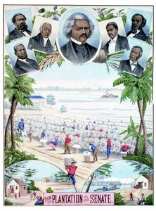 Plantações no Senado: ilustração retratando trabalhadores negros em plantações de algodão e senadores negros no sul dos Estados Unidos. de American School