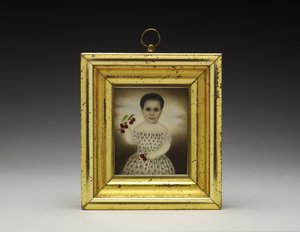 Retrato de uma jovem, c.1846 (aquarela sobre marfim, madeira e vidro) de American School