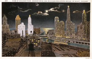 Postal de Chicago à noite, c.1930 de American School