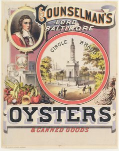 Cartaz publicitário Counselmans Lord Baltimore Circle Ostras e produtos enlatados