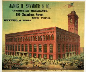 Cartaz publicitário James H. Seymour & Co. Comerciantes da Comissão na New York Produce Exchange, gravado por Sacket, Wilhelms e Betzig, c.1885