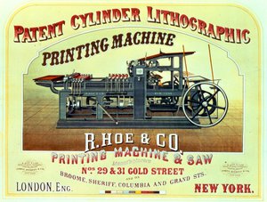 Máquina de Impressão Litográfica de Cilindro de Patentes para Publicidade em Cartazes, R. Hoe & Co., Londres e Nova Iorque