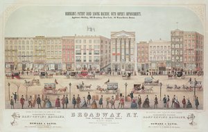 Poster de uma vista da Broadway, de Anthony à Franklin Street, anunciando a Robinsons Patent Hand Sewing Machine, 1855