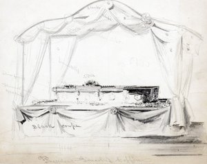 Presidente Abraham Lincolns Coffin Deitado no Estado na Casa Branca, Washington DC, abril de 1865 (lápis, tinta e papel) de American School