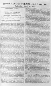 Discurso inaugural do Presidente Jefferson, suplemento ao Carlisle Gazette, 11 de março de 1801 de American School
