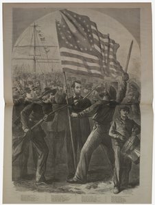 Presidente Lincoln se envolvendo na Batalha de Fort Stevens, ilustração de "Harper" s Weekly ", 1864 de American School