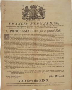 Proclamação em nome de Francis Bernard, Governador da Baía de Massachusetts: anunciando um dia de jejum durante a Guerra Francesa e Indiana, 8 de abril de 1761 de American School