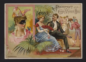 Grande baile de máscaras da Associação Prospect na Academia de Música, Tammany Hall e Nilsson Hall, Nova Iorque (chromolitho) de American School