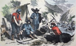 Prospectadores durante a Corrida do Ouro Californiano de 1849 (cor litho) de American School