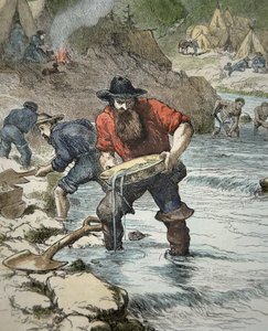 Prospecção de ouro durante a Corrida do Ouro Californiano de 1849 (gravura colorida) de American School