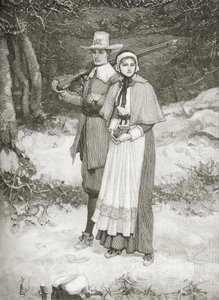 Puritanos indo à igreja, de "Uma Breve História dos Estados Unidos", publicado pela AS Barnes und Co. em 1885 de American School