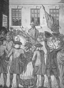 Leitura da Declaração de Independência ao público em 1776 (litho) de American School