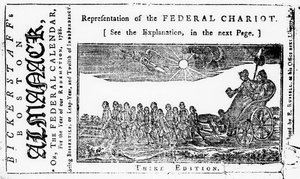 Representação da carruagem federal, ilustração de capa de Bickerstaffs Boston Almanack, publicado em 1788 de American School
