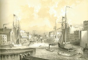 Rush Street Bridge, Vista da State Street, da Chicago Illustrated, com descrições literárias de James W. Sheahan, publicadas por Jevne & Almini, Chicago, 1866-67. de American School