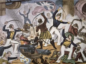 Marinheiros da Marinha Real a bordo do navio pirata Algerine, c.1820 (cor litho) de American School