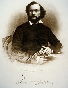 Samuel Colt segurando um dos seus revólveres de percussão (gravura) de American School