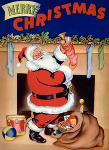 O Pai Natal enche as meias de brinquedos na véspera de Natal de American School
