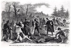 Cenas na Guerra: Soldados Rebeldes após a Batalha "Peeling" (ou seja, Decapagem) dos Soldados da União Caídos, a partir de um esboço de um oficial (gravura) (foto bundw) de American School