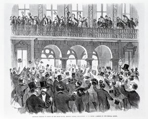 Secession Meeting em Frente à Mills House, Meeting Street, Charleston, South Carolina, c.1860 (gravura) (foto p - b) de American School