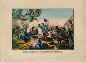 Cavalaria Sheridans na Batalha de Fishers Hill (Shenandoah Valley), pub. por Currier & Ives, c.1864