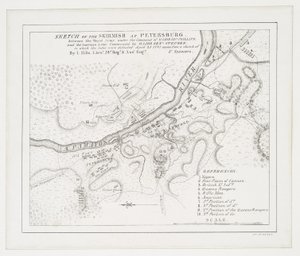 Esboço da escaramuça em Petersburgo: entre o Exército Real sob o comando do Major Gel. Phillips e o comando do exército americano pelo Major Genl. Steuben, no qual este último foi derrotado, 25 de Abril de 1781. de American School