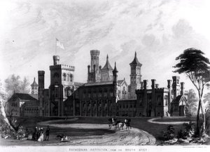Smithsonian Institution, do Sudoeste, de "Hints on Public Architecture" de Robert D. Owen, gravado por Sarony und Major, 1849 de American School