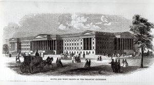 Frentes Sul e Oeste da Extensão do Tesouro, da &39;New Monthly Magazine&39; de Harper, 1859 de American School
