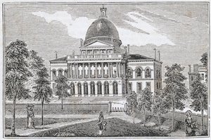 Vista do sul da casa do estado em Boston na rua de Beacon, de "coleções históricas de Massachusetts", por John Warner Barber, gravado por SE Brown, 1839 de American School