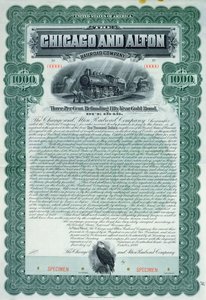 Certificado de título de espécime para 1000 dólares para a Chicago and Alton Railroad Company, 1899 de American School