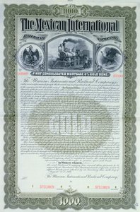 Certificado de título de espécime para 1000 dólares para a Mexican International Railroad Company, 1897 de American School