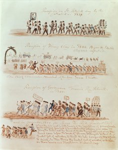 Procissão do Dia de São Patrício em 1837 e procissões para Henry Clay, Governador Francis Schunk e James Polk em 1844 (tinta e wc no papel) de American School