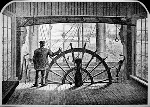 Piloto de barco a vapor na casa do leme, c.1870 (gravura) de American School