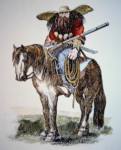 Desenho animado do Texas Ranger, retratando a vista urbana oriental do Ranger selvagem e peludo de American School