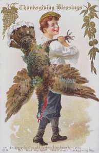 Cartão de Ação de Graças representando um homem com um peru. (chromolitho) de American School