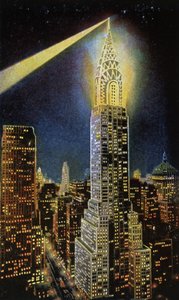 O Edifício Chrysler à noite, Nova Iorque, c.1929 (cartão postal) de American School