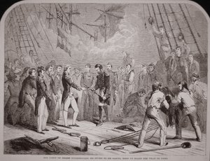 O Comte de Grasse entrega a sua espada a Samuel Hood na "Ville de Paris". de American School