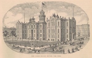 O Court-House before the Fire, impresso pela Moss Engraving Co., Nova York, ilustração da History of Chicago vol. 2 de Alfred Theodore Andreas, publicado em 1885 de American School