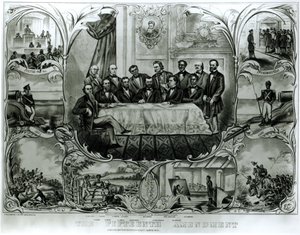 A Décima Quinta Emenda, assinada pelo Presidente Ulysses S. Grant (1822-85) Março de 1870 (litho) (foto a preto e branco) de American School