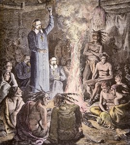 O Brebeuf jesuíta francês entre os Algonquins (cor litho) de American School